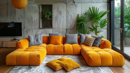 Loft interior design of modern living room, home. Tufted grey sofa with yellow pillows and plaid near tv unit and vibrant yellow pouf in room with concrete wall