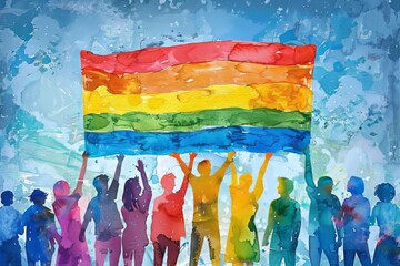 group of people carrying  LGBTQ flag / pride flag, pride parade - obrazy, fototapety, plakaty
