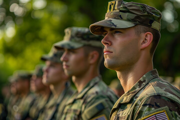 A group of soldiers stand in a line, all wearing the same uniform. Concept of discipline and unity among the soldiers