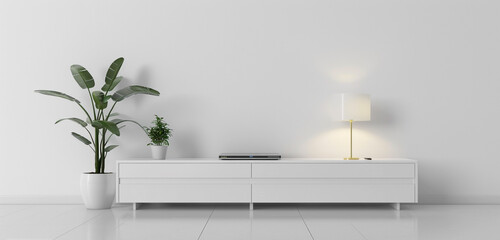 A minimalist TV cabinet with a glossy white finish, accessorized with a small potted plant and a sleek lamp, against a white wall background - obrazy, fototapety, plakaty