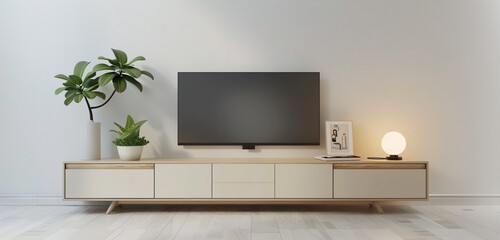 A minimalist TV cabinet with clean lines and neutral tones, accessorized with a small potted plant and a sleek lamp, against a white wall background