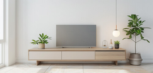 A minimalist TV cabinet with clean lines and neutral tones, accessorized with a small potted plant and a sleek lamp, against a white wall background - obrazy, fototapety, plakaty