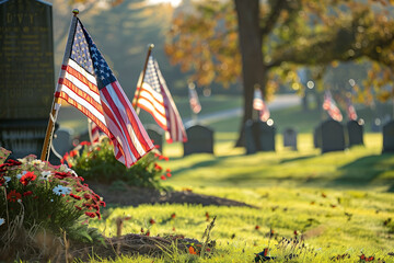 A cemetery with four American flags in the grass. The flags are in different positions, some are standing upright and others are laying down. Concept of patriotism and respect for the deceased - obrazy, fototapety, plakaty