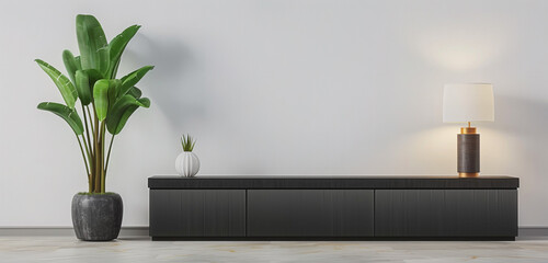 A modern TV cabinet with sleek design and matte black finish, showcasing a tall leafy plant in a stylish pot and a minimalist lamp, against a white wall background