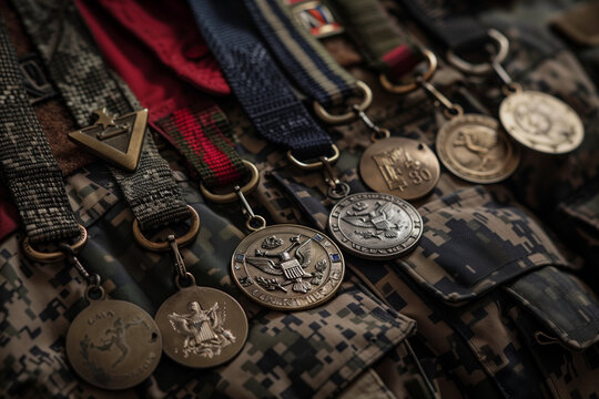 A collection of medals and badges are displayed on a table. The medals are of various sizes and shapes, and they are all made of metal. The table is covered in a patterned cloth