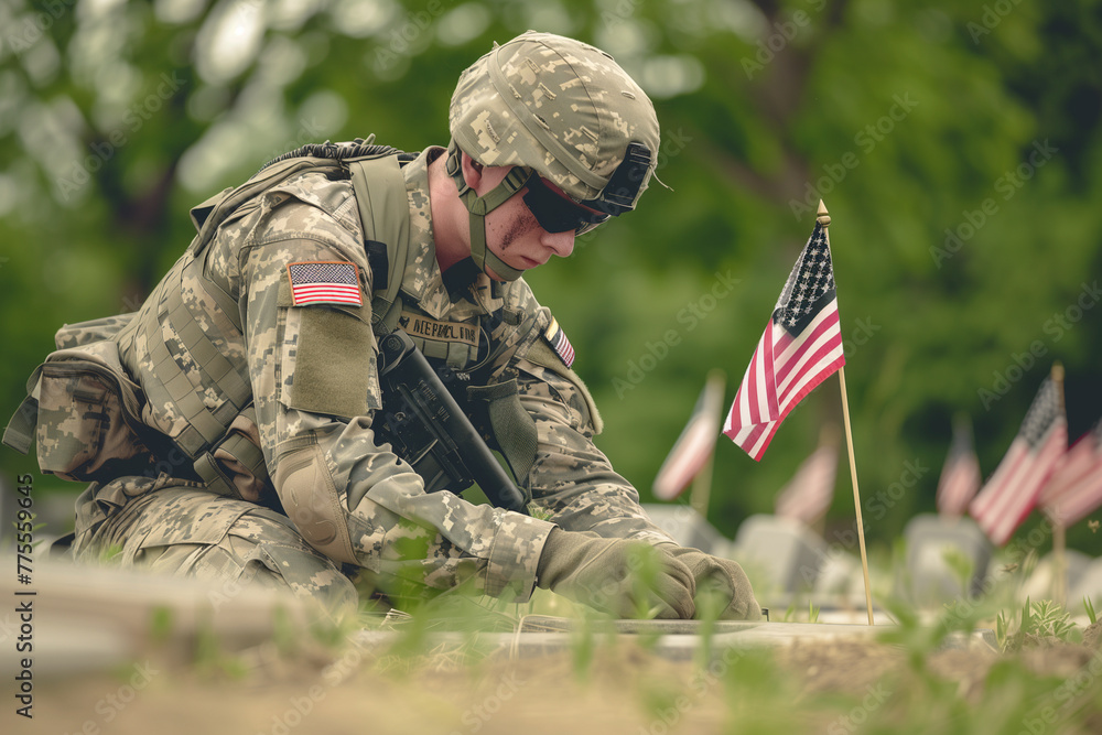 Poster three soldiers are kneeling in the dirt, placing american flags in the ground. the flags are arrange