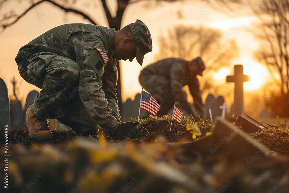Poster Three soldiers are kneeling in the dirt, placing American flags in the ground. The flags are arranged in a row, with one flag in the middle and two on either side