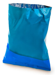 Food Packaging, Foil and plastic snack bags mockup bag opening cut isolate on white background, Blue colored pillow packages for food production on White Background With clipping path.