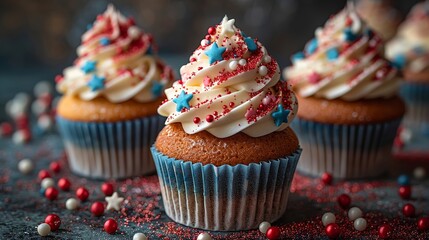 Festive 4th of July National Day cupcakes and desserts, adorned in red, white, and blue, ready for celebration no grunge, no splash, no dust, digital photography