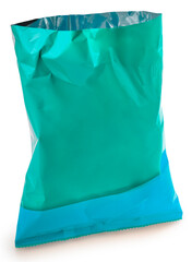 Food Packaging, Foil and plastic snack bags mockup bag opening cut isolate on white background, Green colored pillow packages for food production on White Background With clipping path.