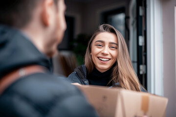 smiling woman receiving an elegant package from the delivery man at her front door - obrazy, fototapety, plakaty