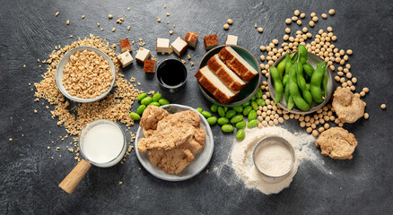 Soy products  on black background. Vegan healthy food