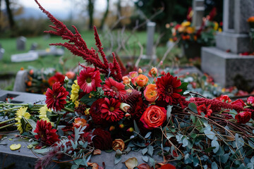 A cemetery with a gravestone and flowers on it. The flowers are colorful and arranged in a way that makes the scene look peaceful and serene