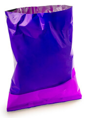 Food Packaging, Foil and plastic snack bags mockup bag opening cut isolate on white background, Purple colored pillow packages for food production on White Background With clipping path.