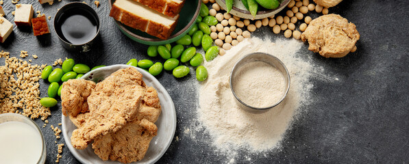 Soy products  on black background. Vegan healthy food