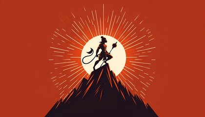 Illustration of the hanuman silhouette in a powerful stance on top of a mountain. - obrazy, fototapety, plakaty