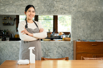 Housewife with apron ready to clean home. Young woman is happy to clean home. Maid cleaning...