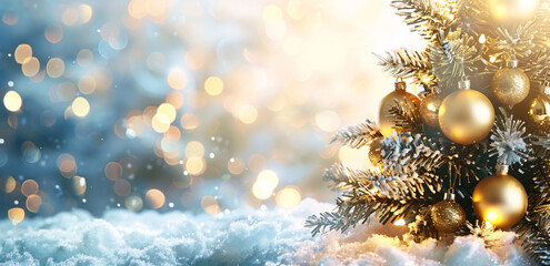 Obraz na płótnie Canvas Christmas tree with golden ornaments on snow background copy space concept
