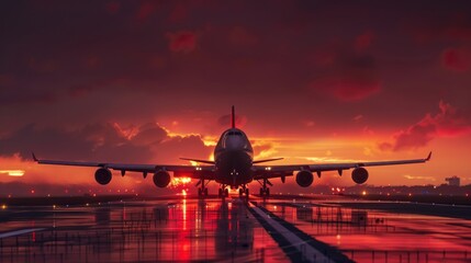 Airplane with four engines flying arrival landing on a runway in the evening during a bright red sunset - obrazy, fototapety, plakaty