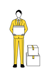 Simple line drawing illustration of a businessman in a suit holding a cardboard box.