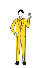 Simple line drawing illustration of a businessman in a suit using a smartphone at work.
