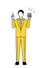 Simple line drawing illustration of a businessman in a suit holding a calculator and pointing.