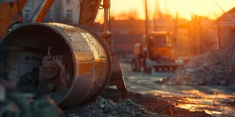 Concrete mixer at work, close-up on the drum, dusk light, foundational work in construction