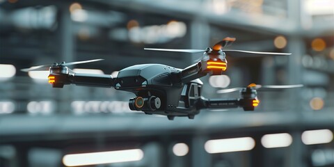 Emergency response drone flying, close-up on the camera and sensors, cutting-edge technology for rapid assistance