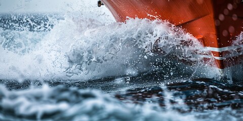 Coast guard boat prow cutting through waves, close-up, determination and vigilance on the sea