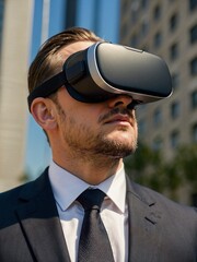 man in formal black suit wearing virtual reality device outdoor demonstrating new product 