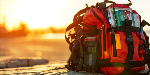 Paramedic's bag with medical supplies, close-up, golden hour light, readiness to save lives  - obrazy, fototapety, plakaty