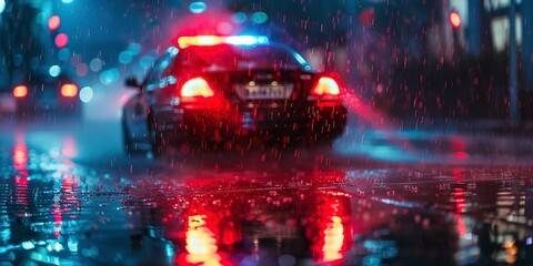 Police car flashing lights in heavy rain, close-up, blur of red and blue, security even in the storm