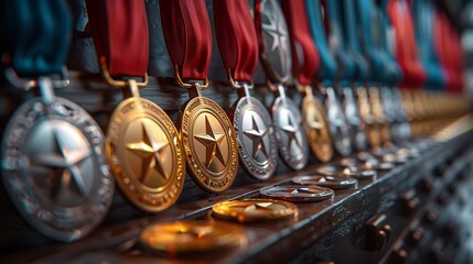 The prestigious array of military medals, each a testament to bravery and service in Americas armed forces 3D render, high resolution, clean sharp focus - obrazy, fototapety, plakaty
