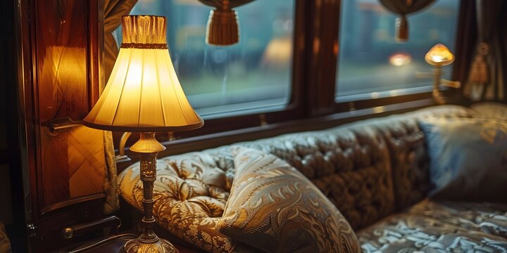 1920s luxury train car interior, close-up on the plush details, soft lamp light, golden age of rail travel 