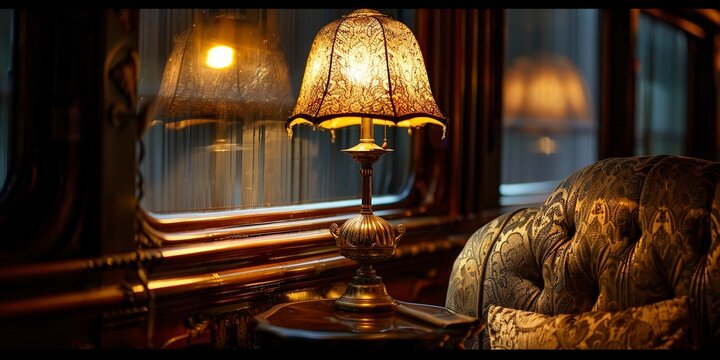 1920s luxury train car interior, close-up on the plush details, soft lamp light, golden age of rail travel 