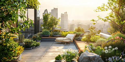 tropical garden with trees, An urban rooftop garden with lush greenery, cozy seating areas, and...