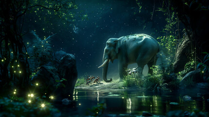Illustration of a fantasy scene under the moonlight with an elephant.