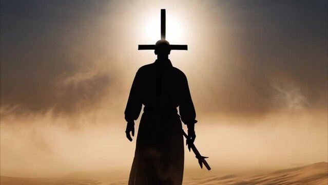 Silhouette of a man in the desert with a cross in the smoke and dust under the sun