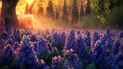 Stunning spring landscape featuring a field of hyacinths against a forest backdrop - obrazy, fototapety, plakaty