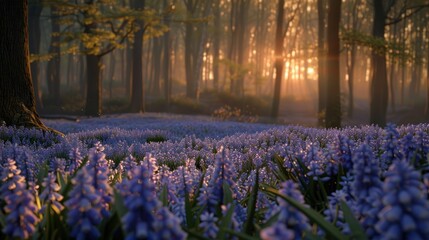 Stunning spring landscape featuring a field of hyacinths against a forest backdrop