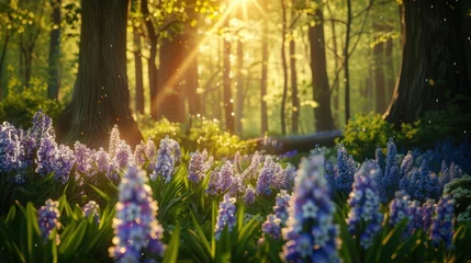  Stunning spring landscape featuring a field of hyacinths against a forest backdrop © somchai20162516