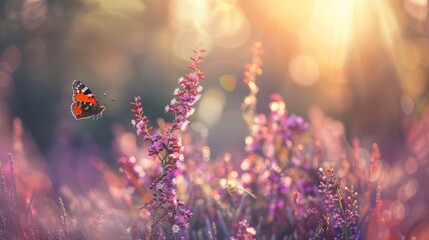 Violet heather flowers and butterfly in rays of summer sunlight in spring outdoors on nature macro,...