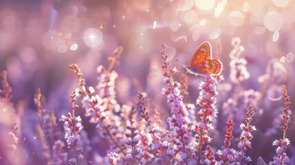 Violet heather flowers and butterfly in rays of summer sunlight in spring outdoors on nature macro, soft focus - obrazy, fototapety, plakaty