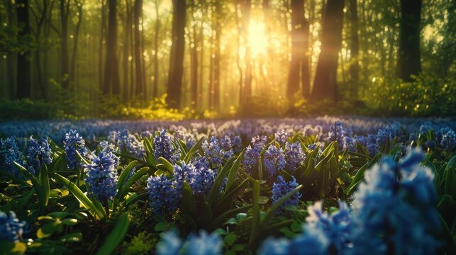 Stunning spring landscape featuring a field of hyacinths against a forest backdrop