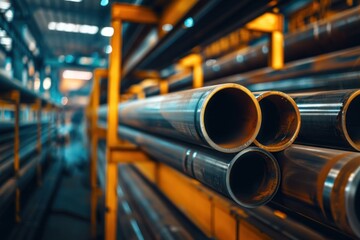Warehouse scene with high-quality steel pipes. Precision and organization of the steel industry's logistical processes, showcasing stacks of pipes awaiting shipment. - Powered by Adobe