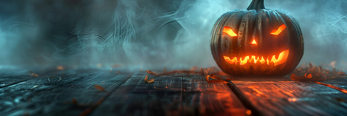 Spooky halloween pumpkin Jack O Lantern with an evil face. generative ai 