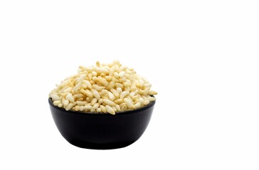 Popped Rice or Puffed Rice in a Black Bowl Isolated on White Background with Copy Space