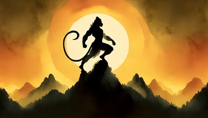 Watercolor illustration of a strong hanuman silhouette  on mountain top.