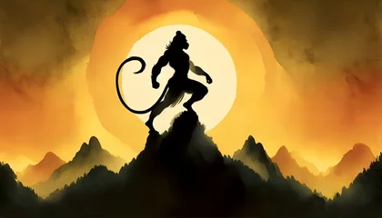 Poster Watercolor illustration of a strong hanuman silhouette  on mountain top. © Milano