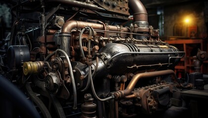 Industrial background. Engine of an old car. Industrial background